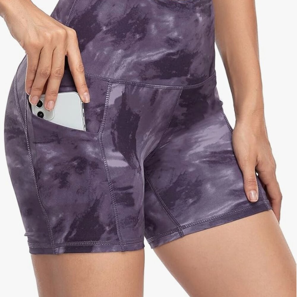 Women's Short Yoga Side Pockets High Waist Shorts 4" Mixed Purple L